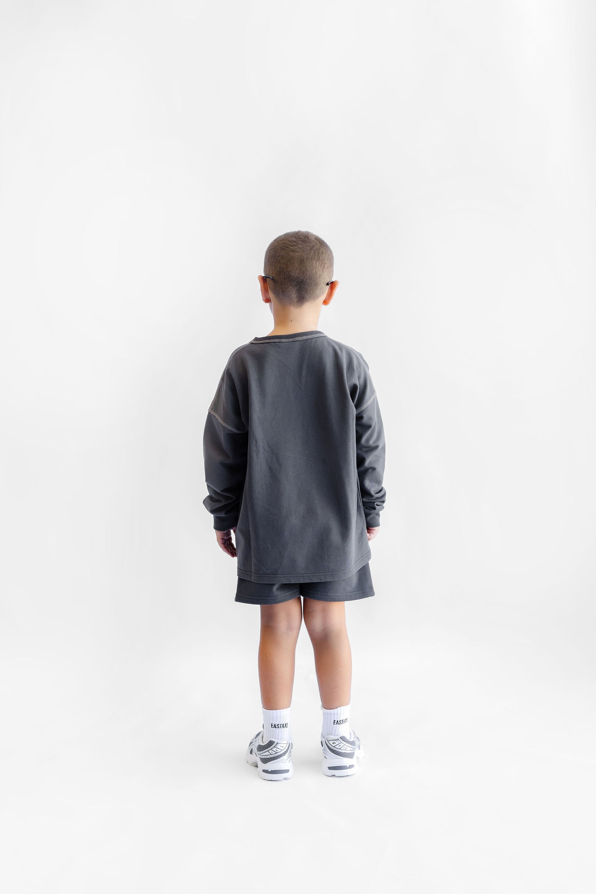 Kids Long Sleeve Cover Stitch Tee - Midnight Grey