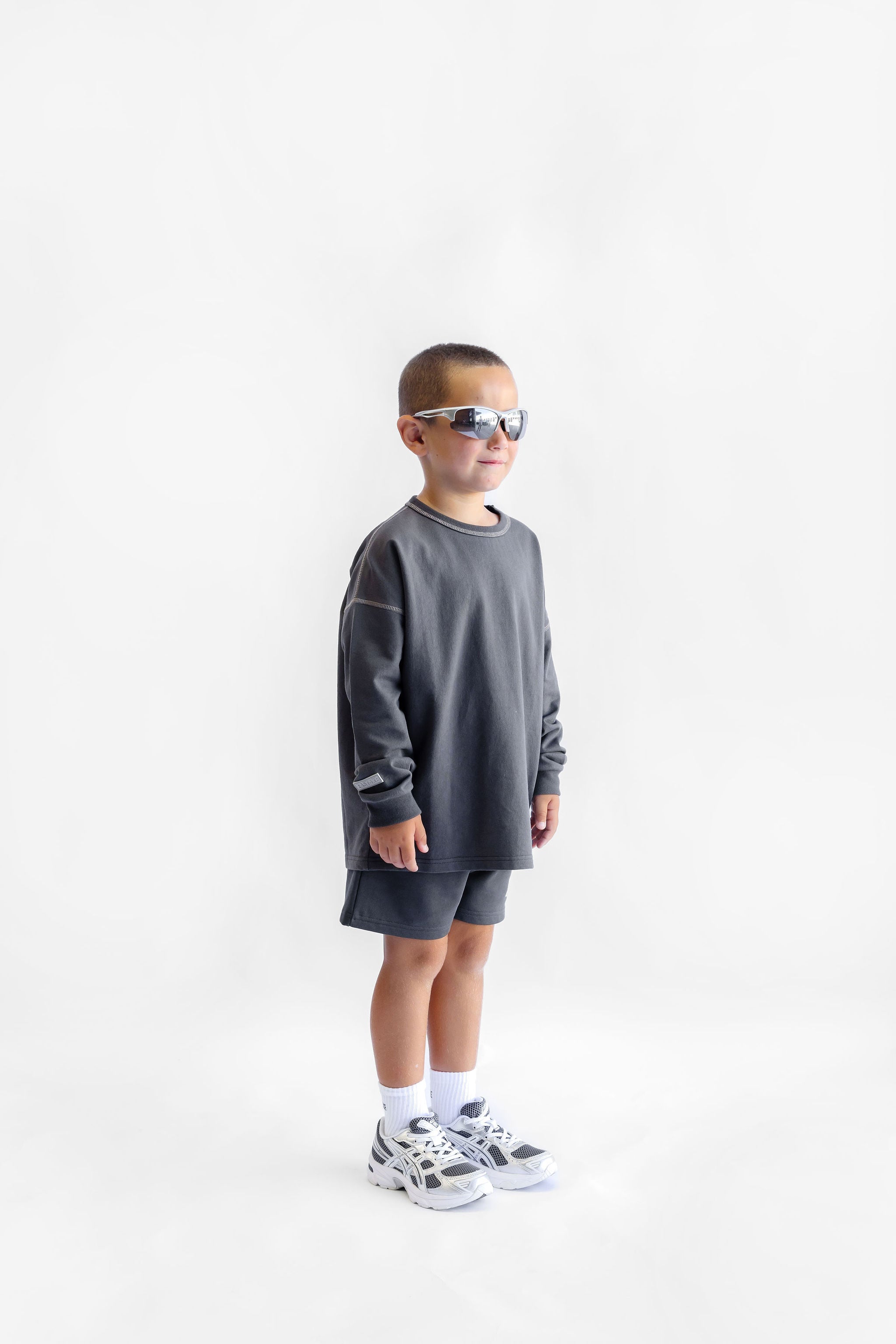 Kids Long Sleeve Cover Stitch Tee - Midnight Grey