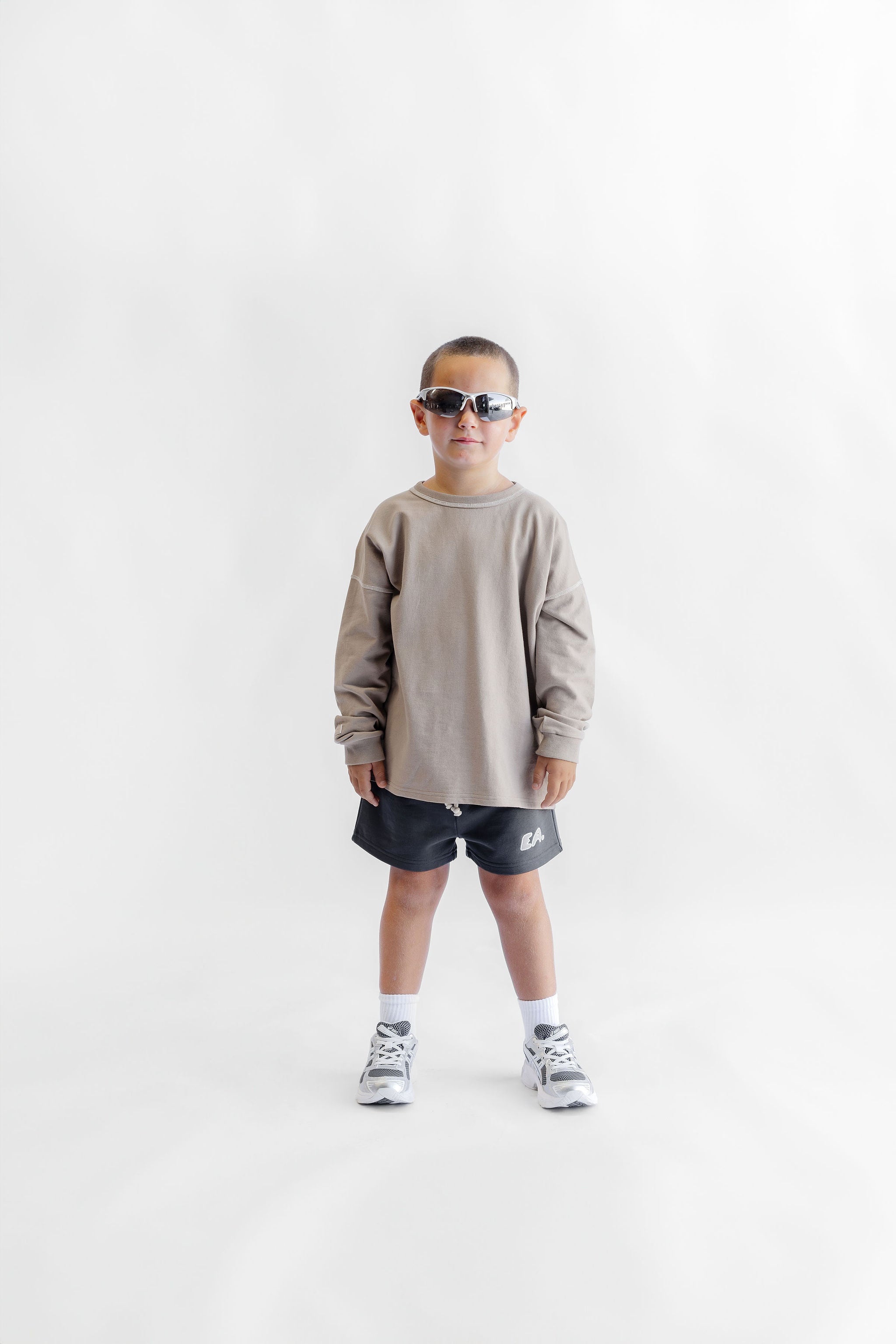 Kids Long Sleeve Cover Stitch Tee - Taupe