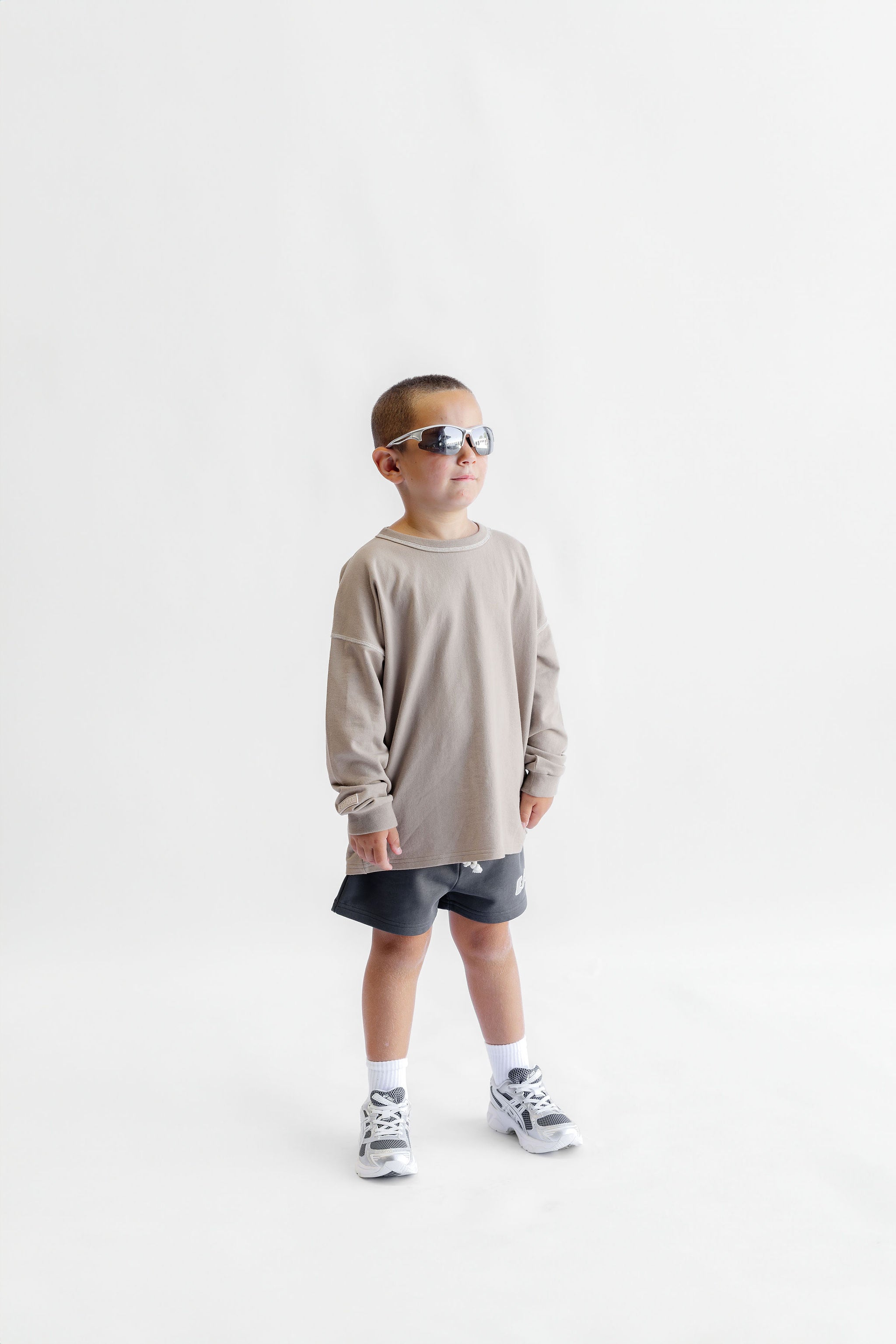 Kids Long Sleeve Cover Stitch Tee - Taupe