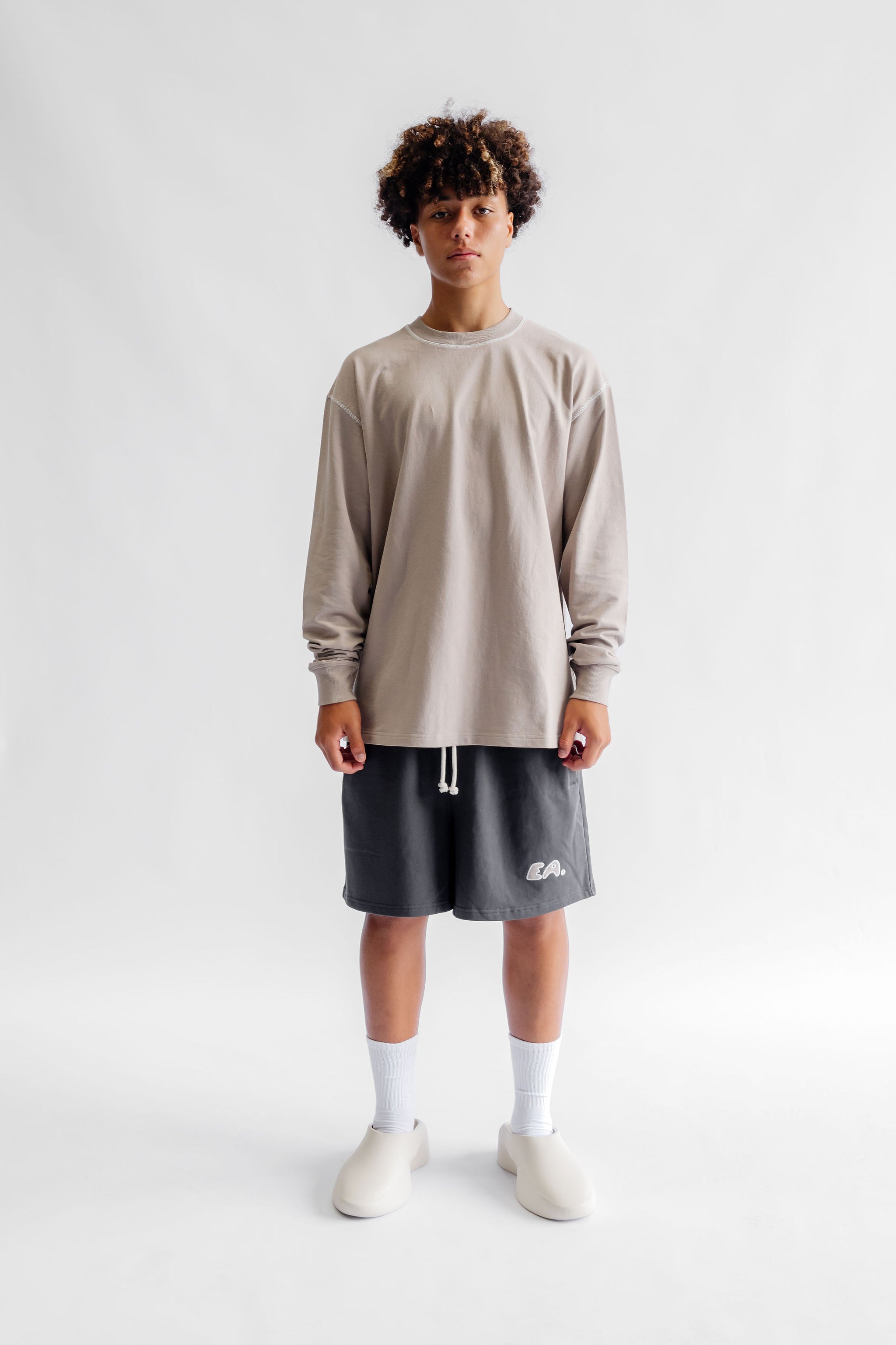 Long Sleeve Cover Stitch Tee - Taupe