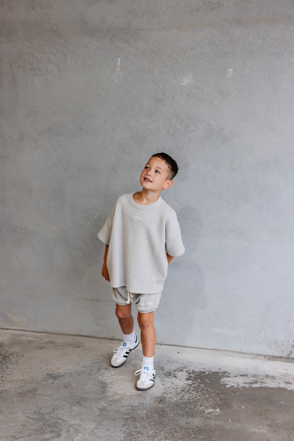 Cotton Jacquard Box Tee & Short Set - Light Grey