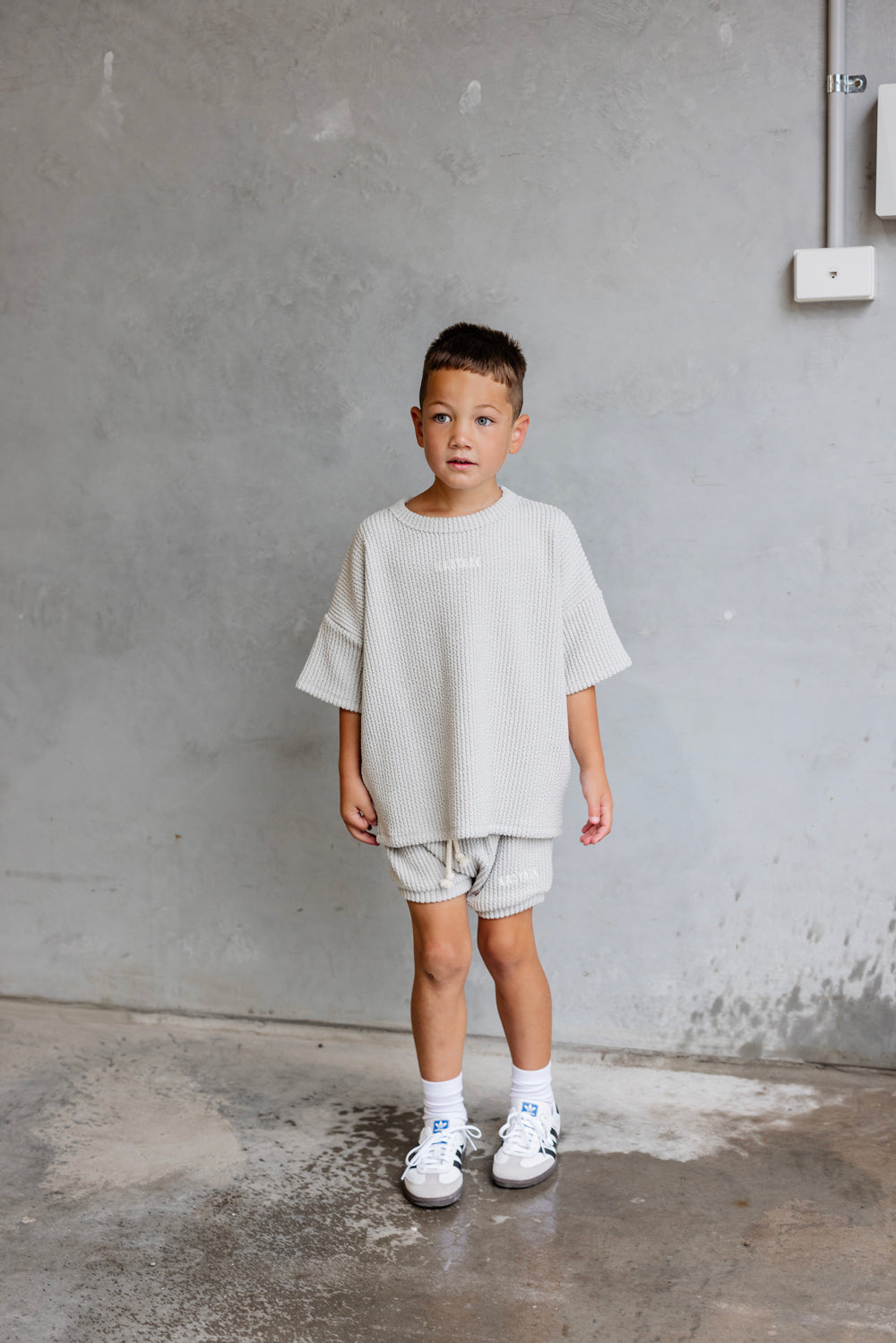 Cotton Jacquard Box Tee & Short Set - Light Grey